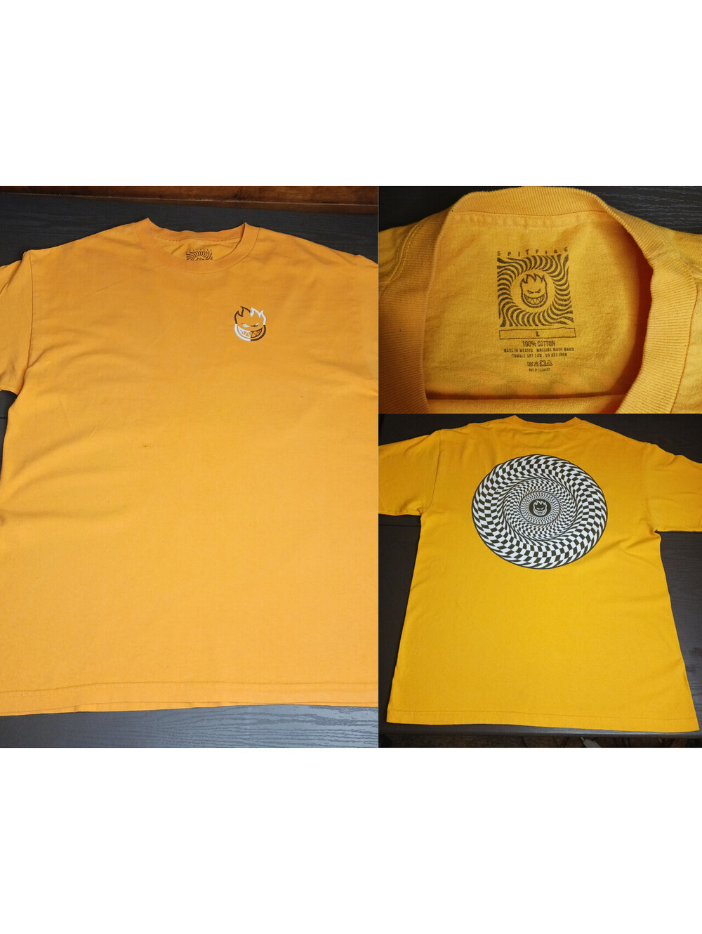 Spitfire Wheels Skateboards T Shirt Yellow Double Sided *SOME MINOR SPOTS* Large